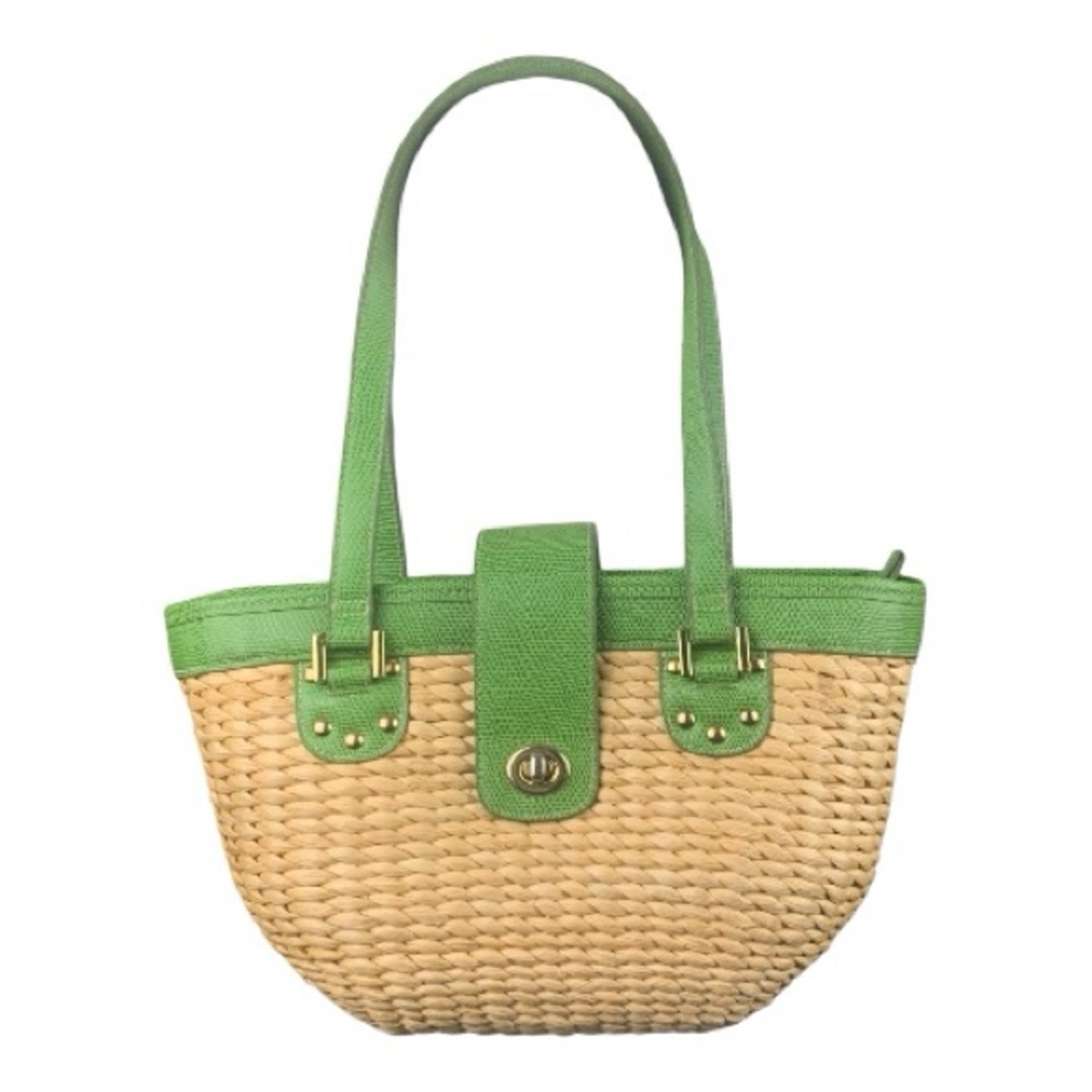 Summer Woven Straw Vegetable Fiber Shoulder Bag Purse Green Trim Floral Tropical